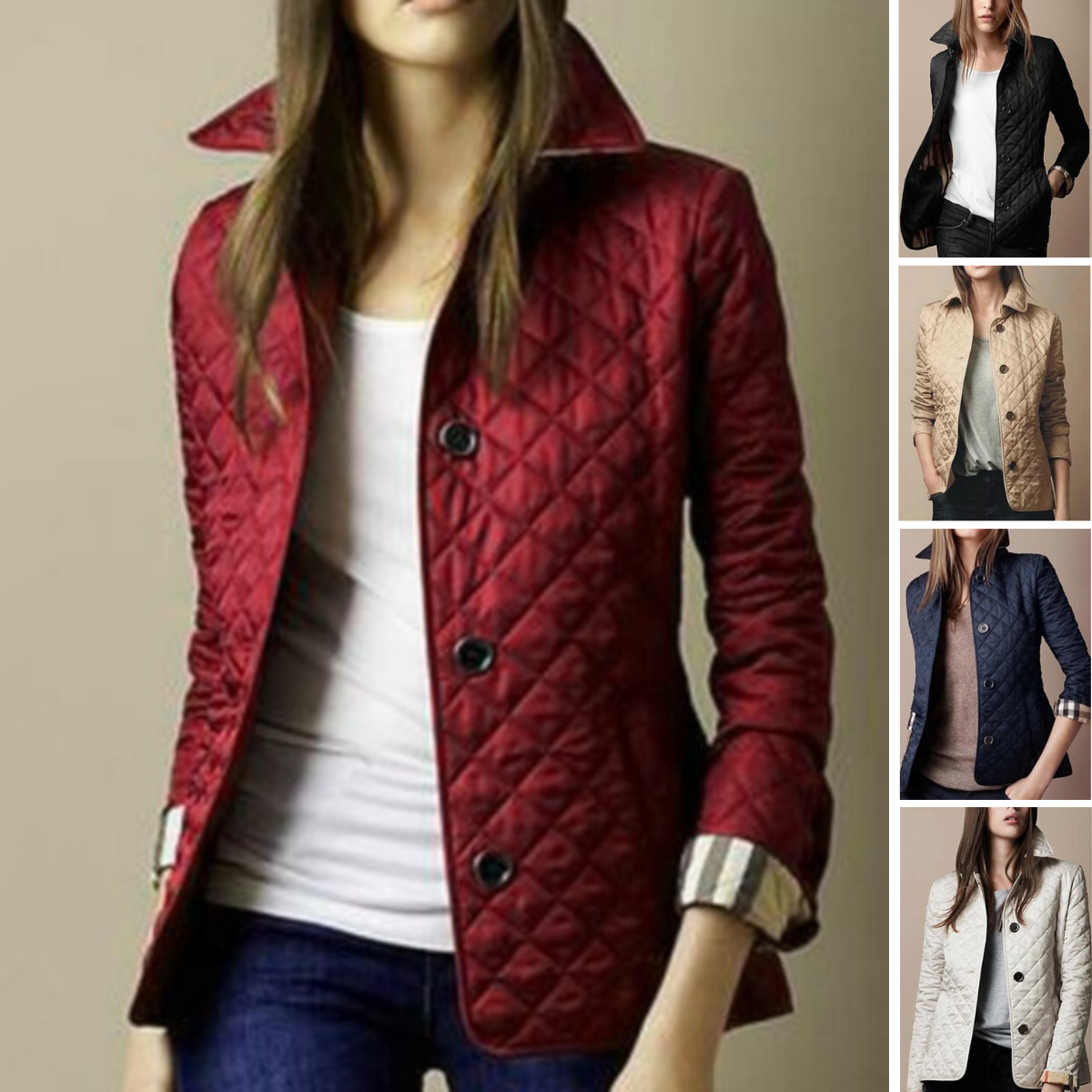 Women's Quilted Bomber Jacket with Button Closure and Foldable Cuffs