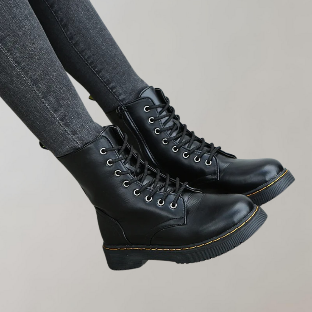 Women's Lace-Up Combat Boots Featuring a Sturdy Sole and Side Zipper