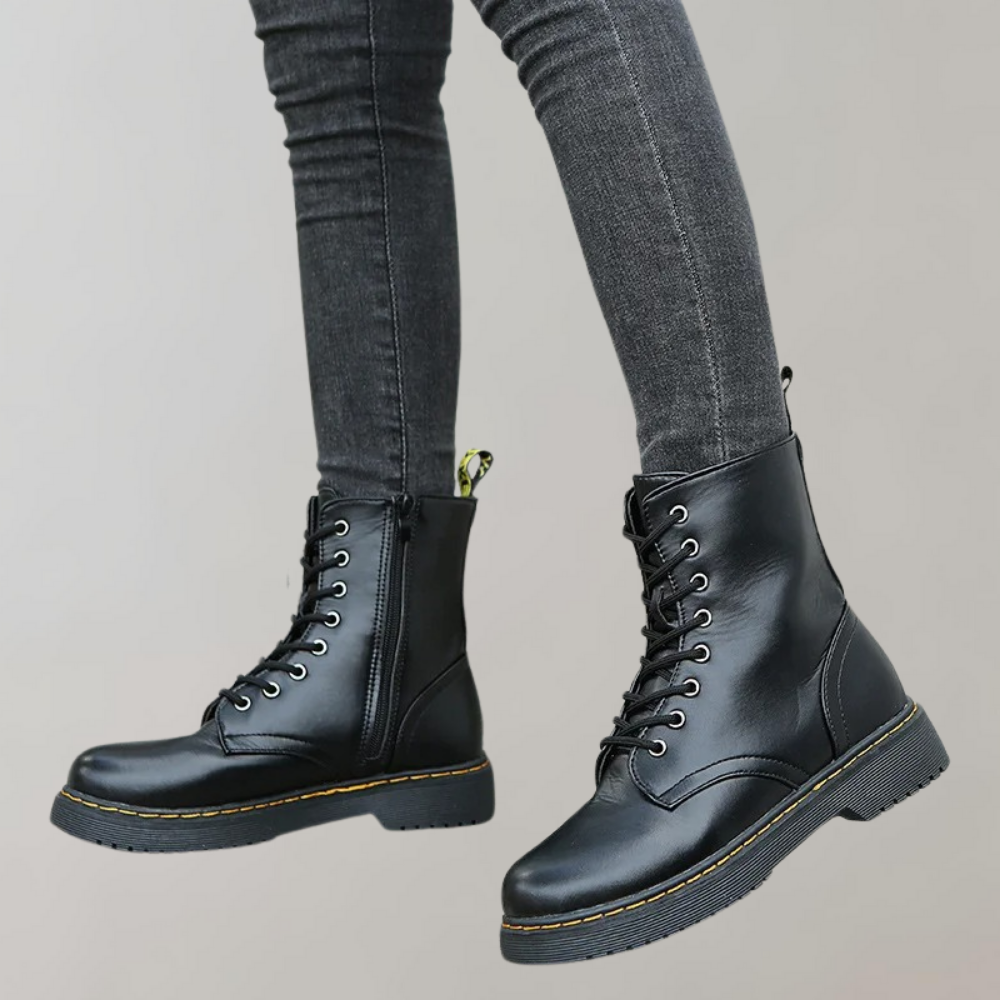 Women's Lace-Up Combat Boots Featuring a Sturdy Sole and Side Zipper