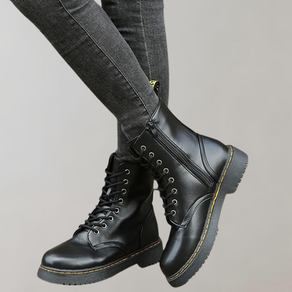 Women's Lace-Up Combat Boots Featuring a Sturdy Sole and Side Zipper