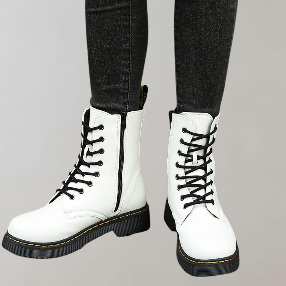 Women's Lace-Up Combat Boots Featuring a Sturdy Sole and Side Zipper