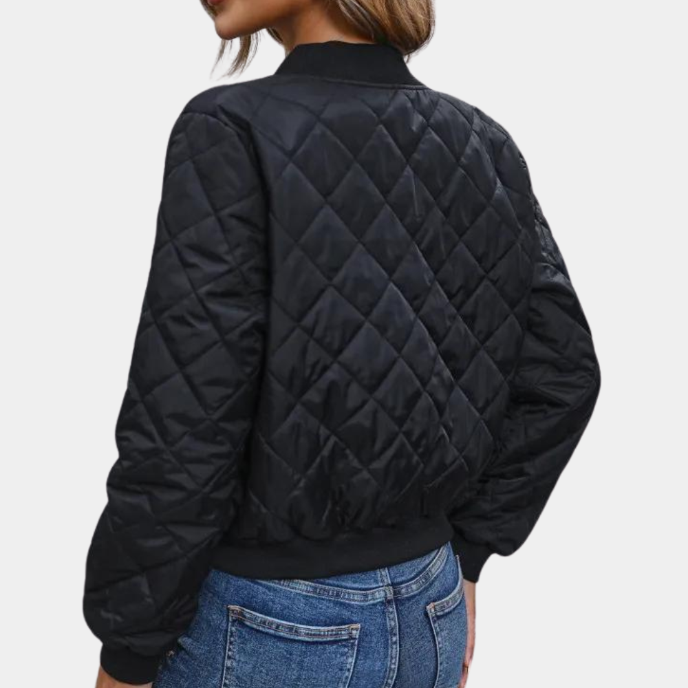 Women's Zip-Front Quilted Bomber Jacket with Ribbed Trim