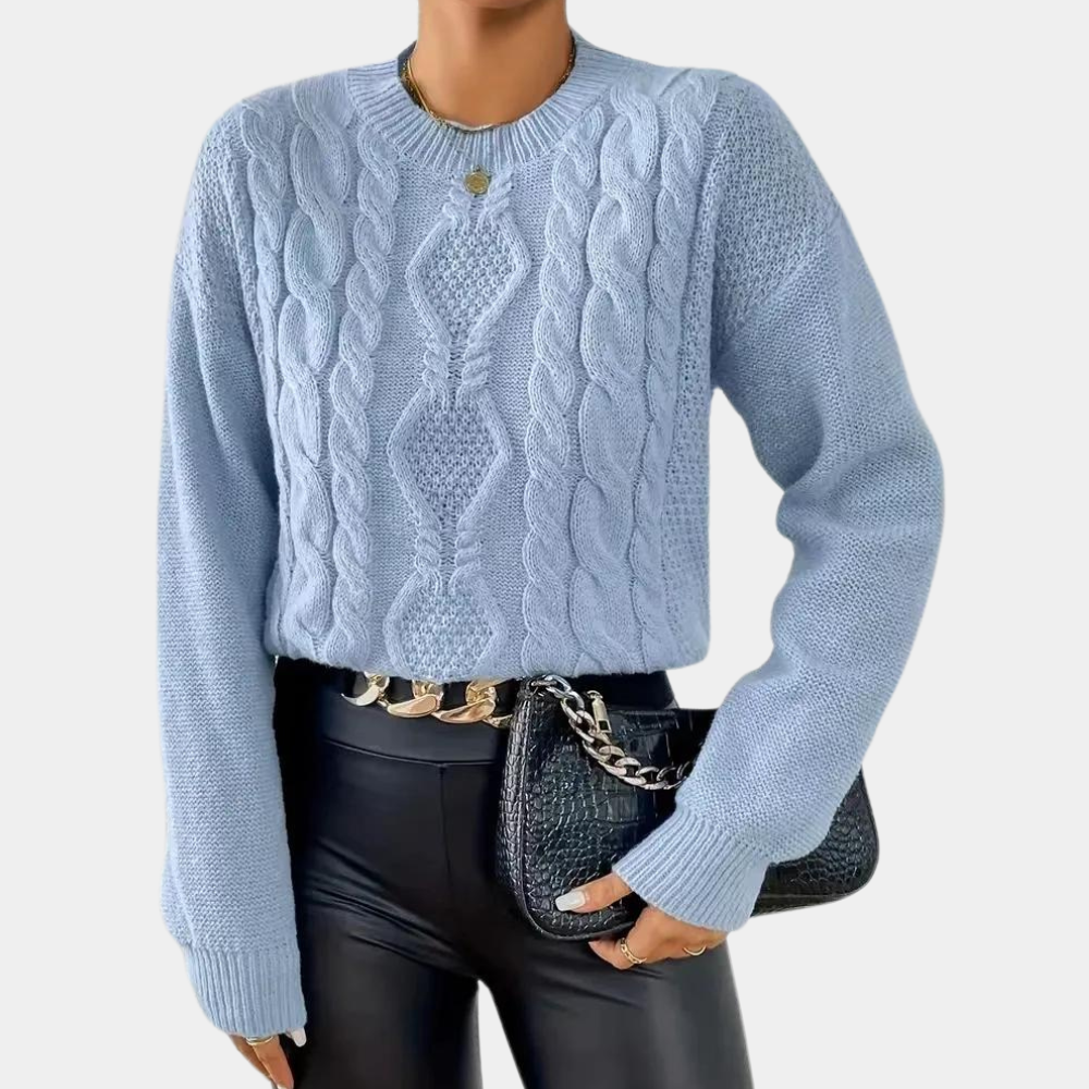 Women's Round Neck Blue Cable Knit Sweater with Long Sleeves
