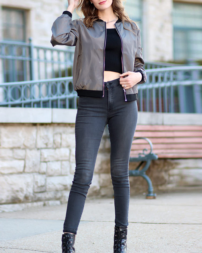 Zip-Front Women's Bomber Jacket with Ribbed Trim