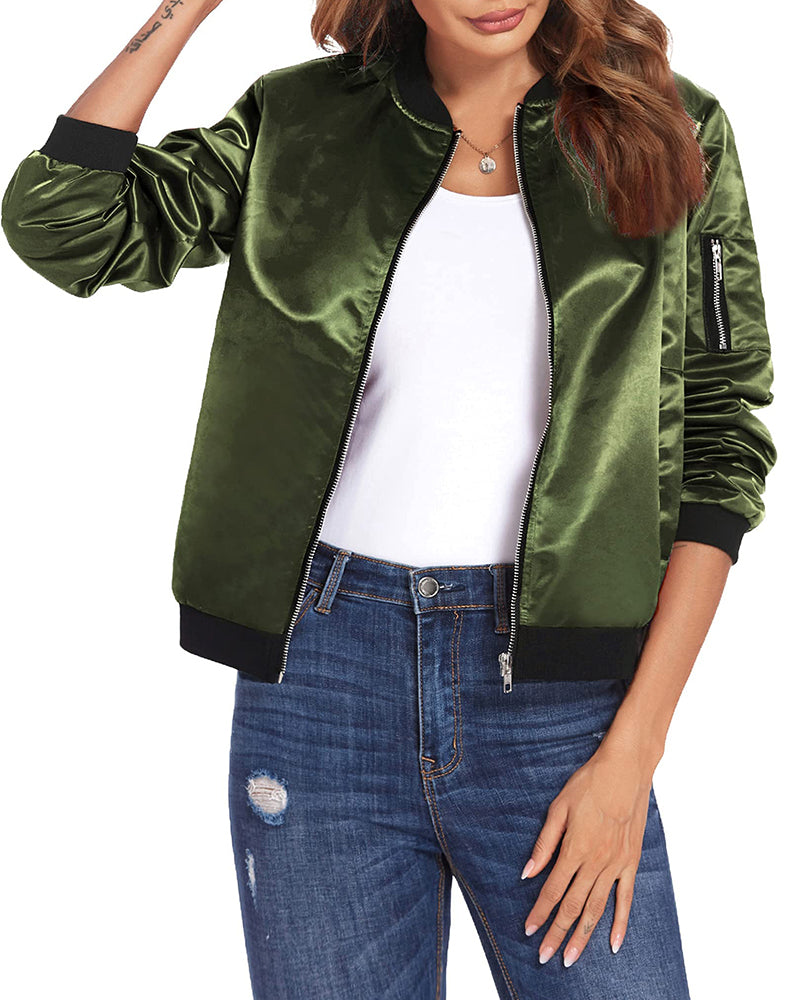 Zip-Front Women's Bomber Jacket with Ribbed Trim