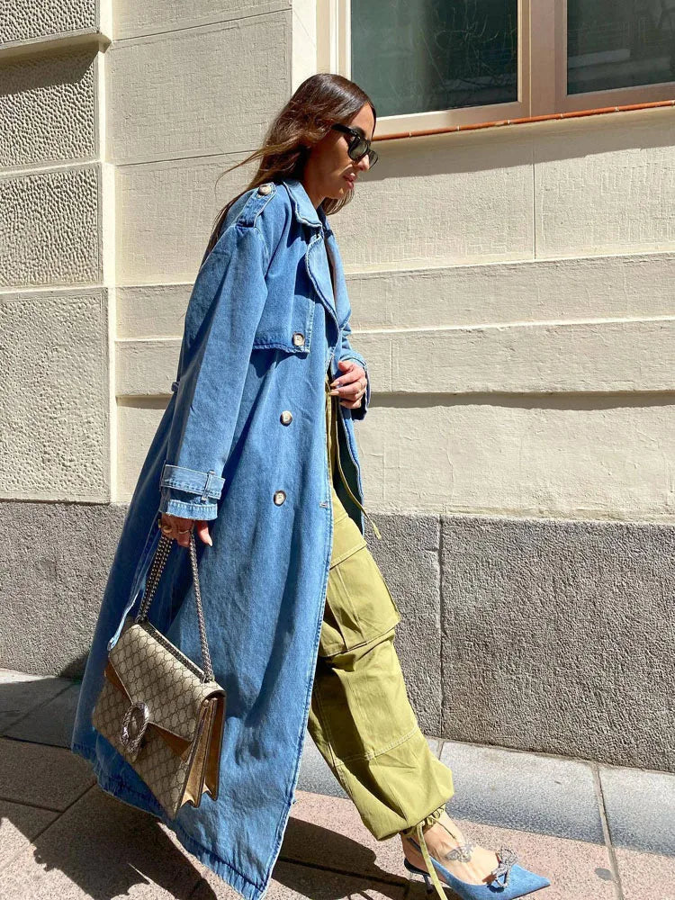 Button-Front Oversized Denim Trench Coat for Women