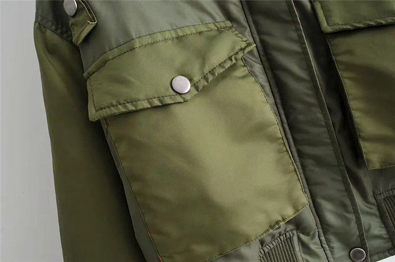 Women's Cropped Utility Bomber Jacket featuring Patch Pockets and Zip Sleeves