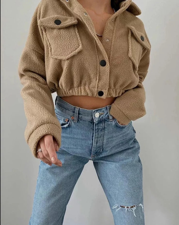Women's Button-Front Cropped Bomber Jacket with Flap Pockets