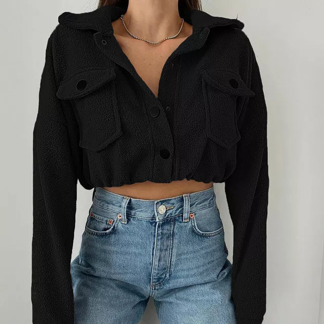 Women's Button-Front Cropped Bomber Jacket with Flap Pockets