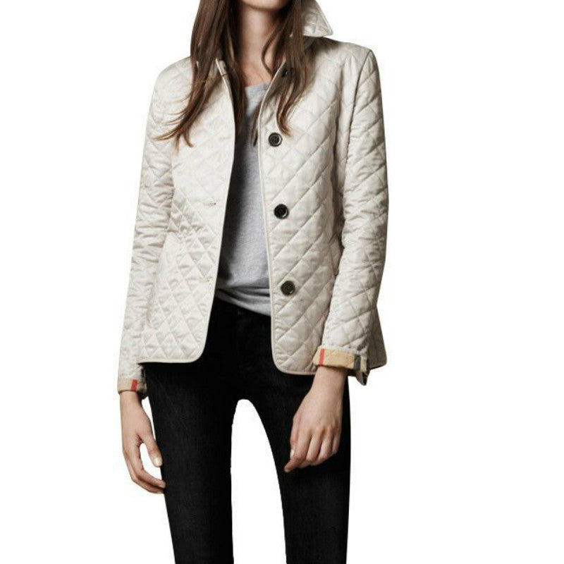 Women's Quilted Bomber Jacket with Button Closure and Foldable Cuffs