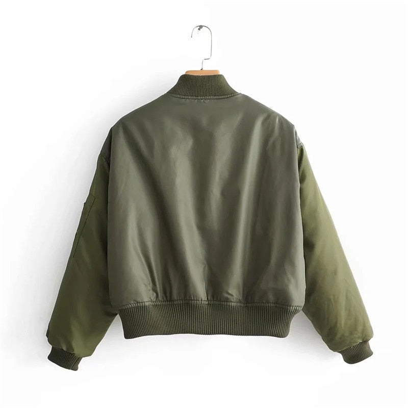 Women's Cropped Utility Bomber Jacket featuring Patch Pockets and Zip Sleeves