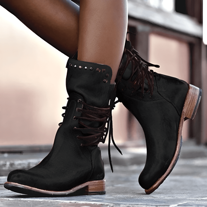 Vintage-Inspired Mid-Calf Lace-Up Boots for Women with Studded Detail and Low Heel
