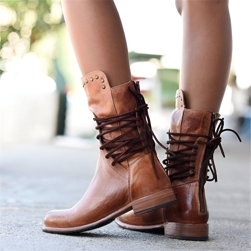 Vintage-Inspired Mid-Calf Lace-Up Boots for Women with Studded Detail and Low Heel