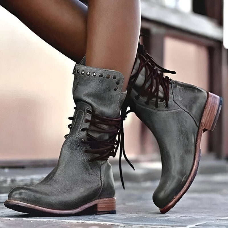 Vintage-Inspired Mid-Calf Lace-Up Boots for Women with Studded Detail and Low Heel