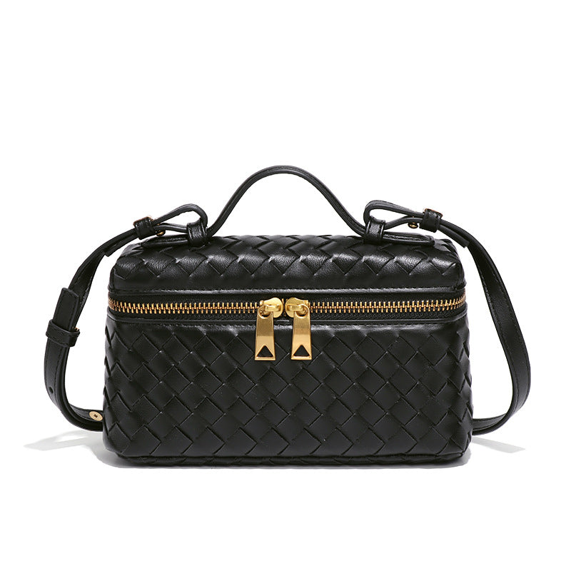 Women's Woven Box Handbag with Top Handle and Gold Zipper Accents