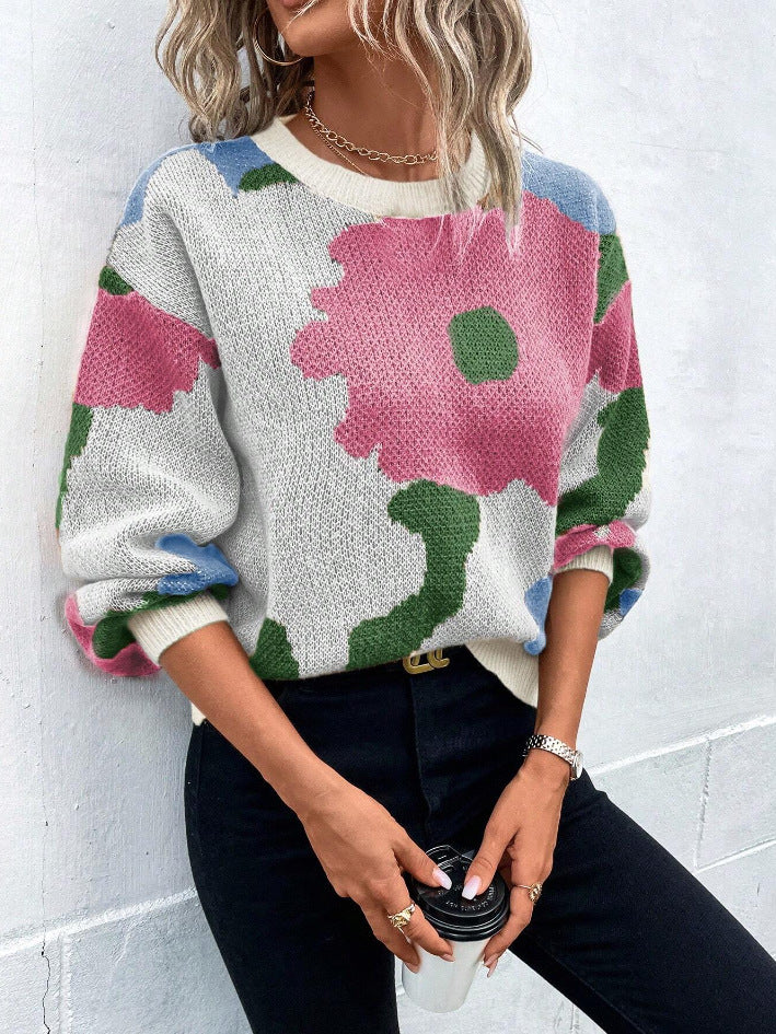 Women's Knit Jumper with Pattern, Round Neck, and Balloon Sleeves