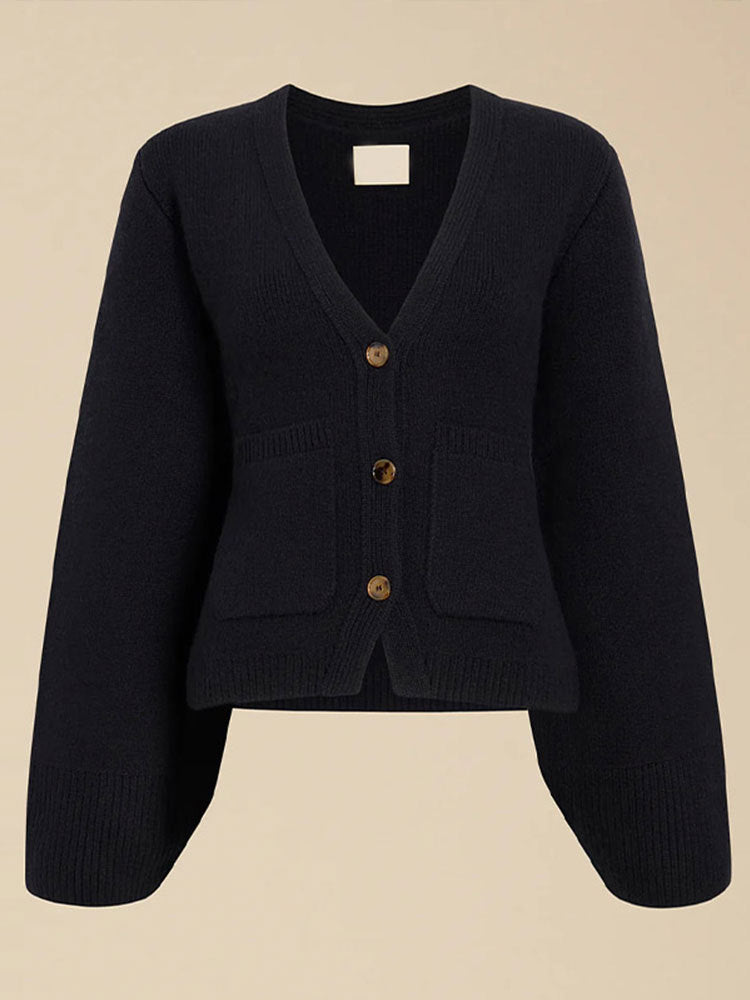 V-Neck Button-Up Cardigan for Women with Ribbed Hem and Patch Pockets