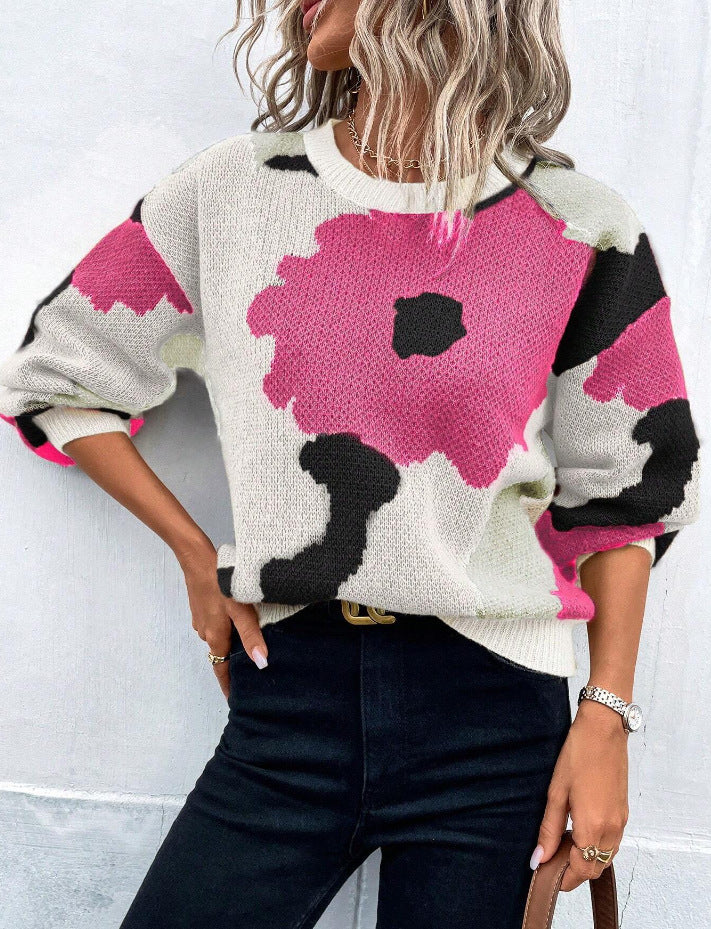 Women's Knit Jumper with Pattern, Round Neck, and Balloon Sleeves