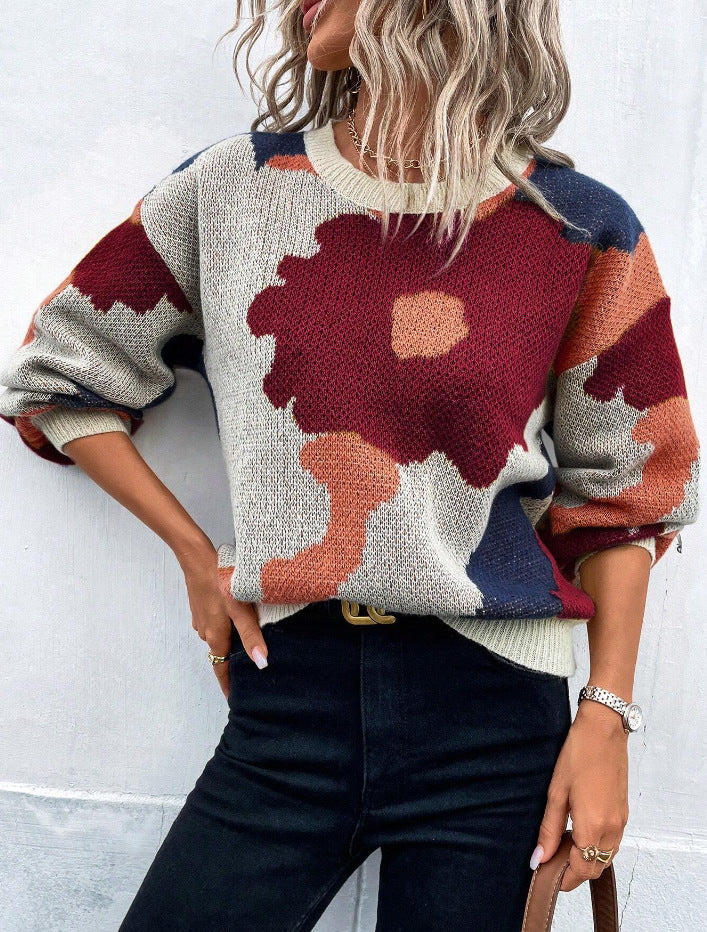 Women's Knit Jumper with Pattern, Round Neck, and Balloon Sleeves