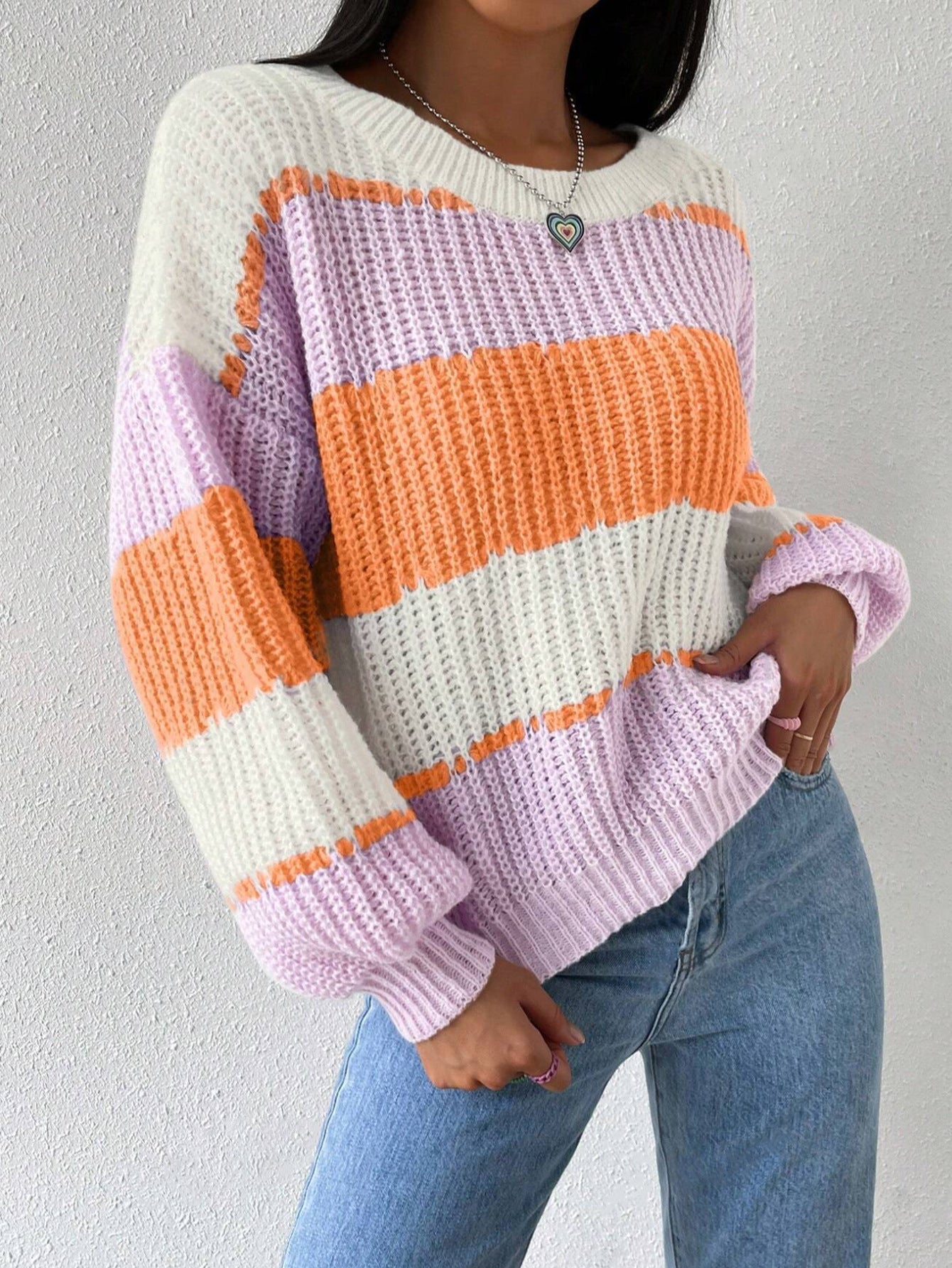 Striped Knit Jumper for Women with Crew Neck and Long Sleeves