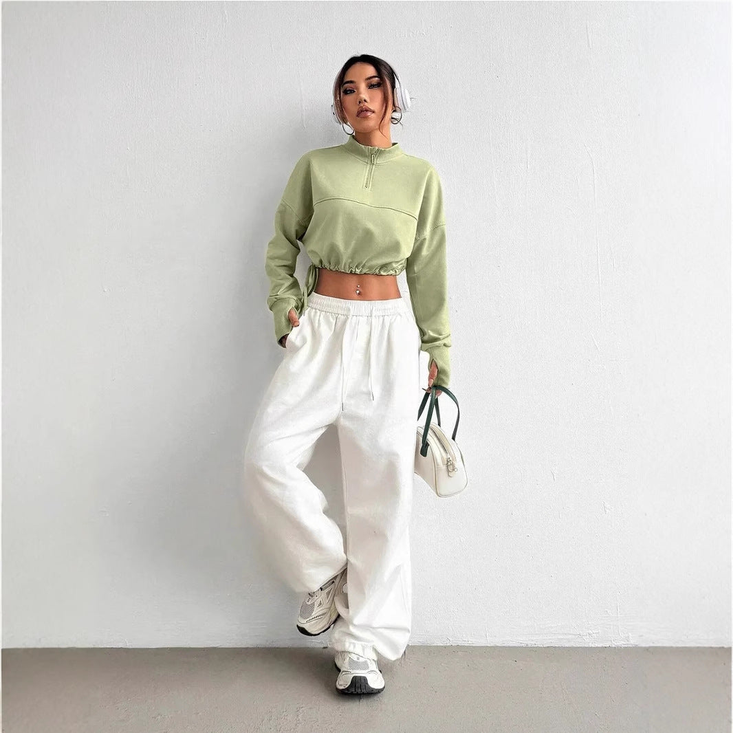 Women's Cropped Zip-Neck Sweatshirt with Balloon Sleeves