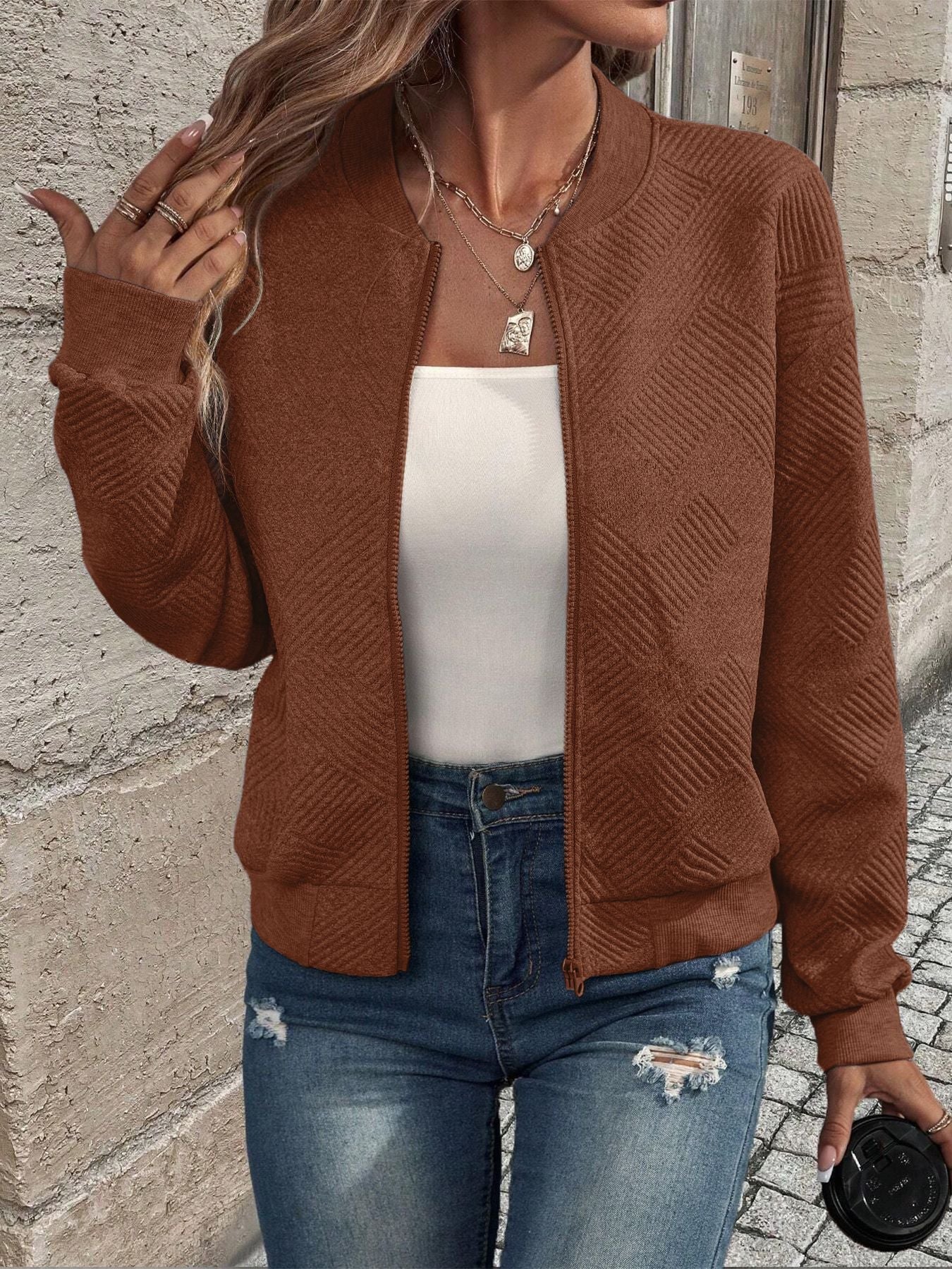 Textured Zip-Up Cardigan for Women with Ribbed Hem and Long Sleeves