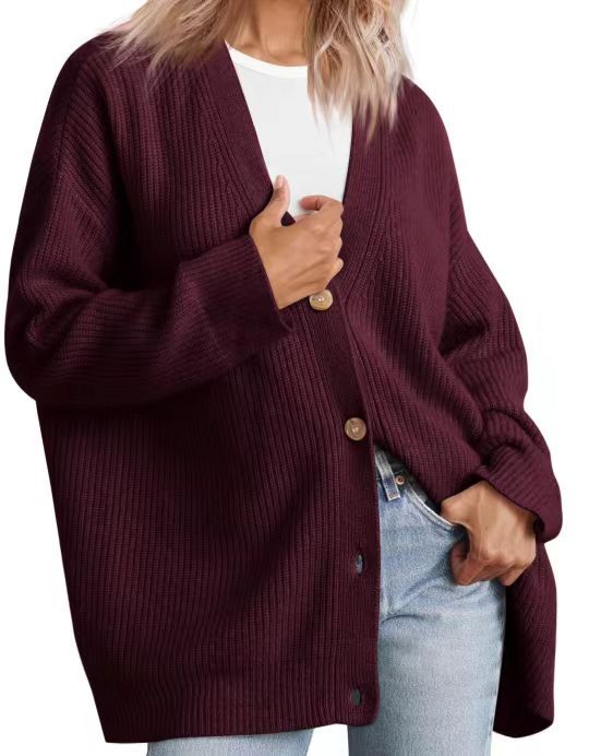Relaxed Fit Striped Knit Cardigan for Women with Button-Up Closure