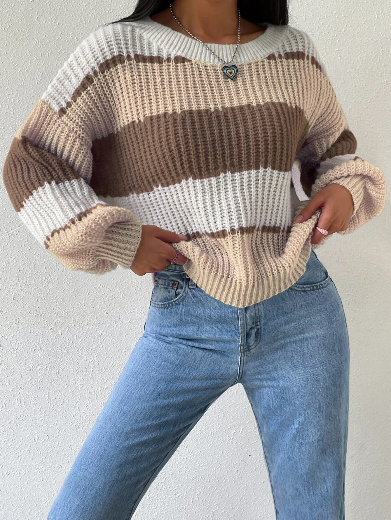 Striped Knit Jumper for Women with Crew Neck and Long Sleeves