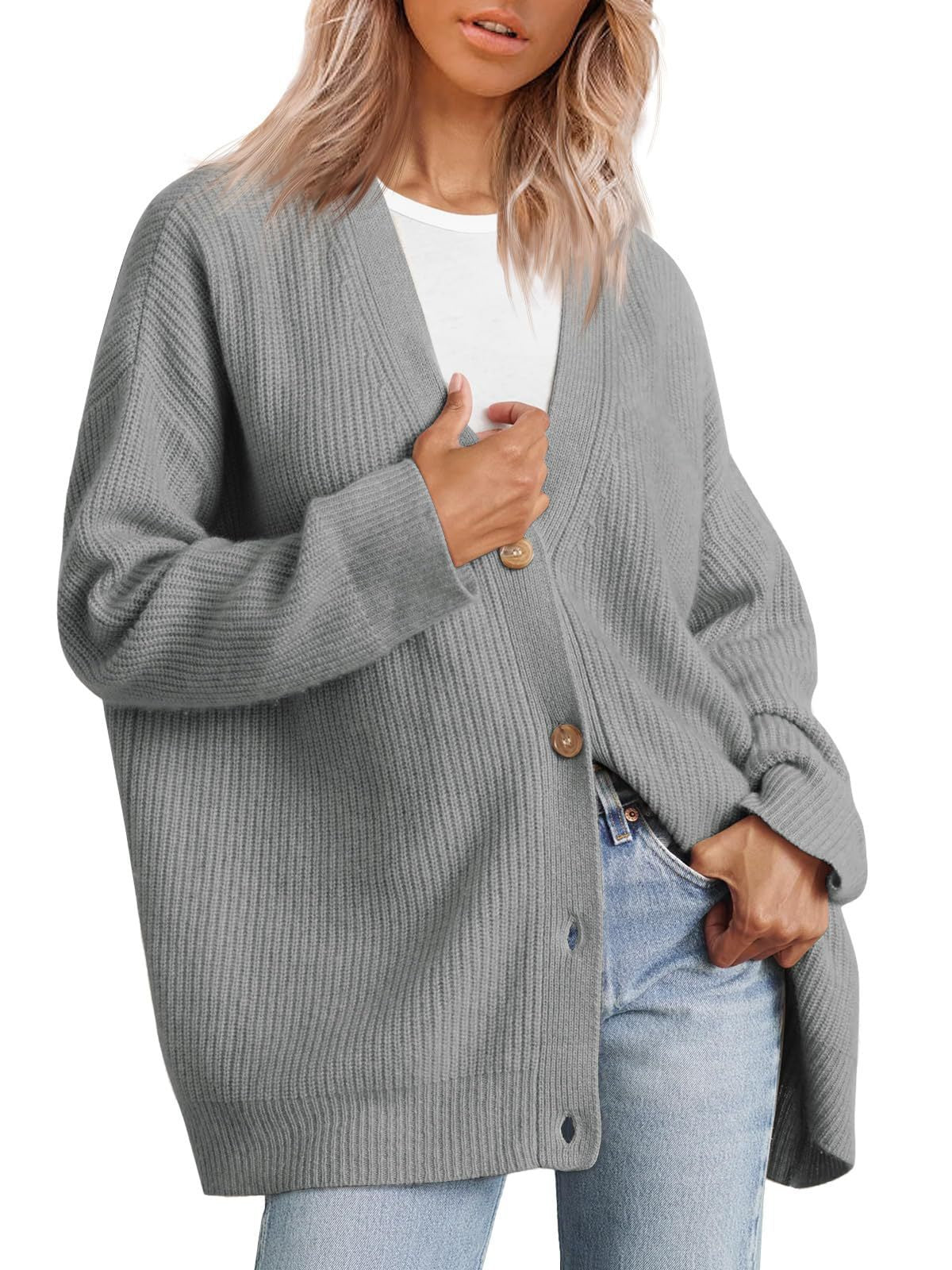 Relaxed Fit Striped Knit Cardigan for Women with Button-Up Closure