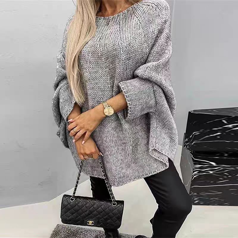 Relaxed Fit Oversized Knit Sweater for Women with Batwing Sleeves