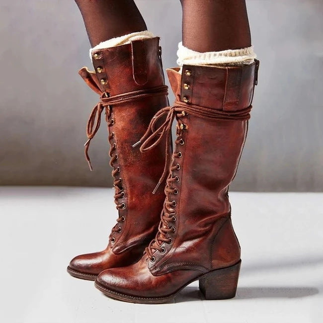 Lace-Up Front Knee-High Boots for Women with Chunky Heel