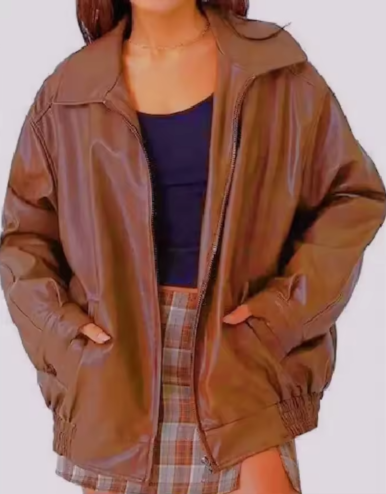 Relaxed Fit Women's Leather Jacket with Zip-Up Closure and High Collar