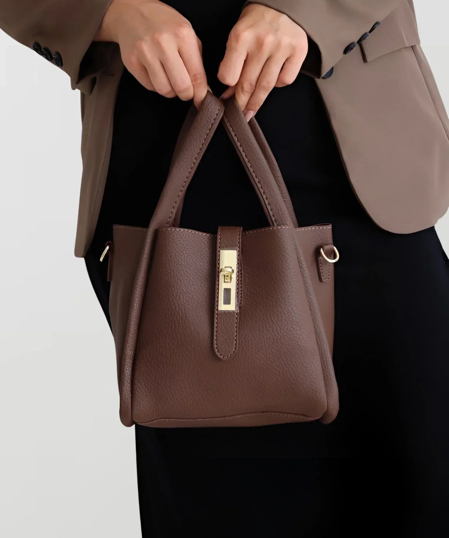 Women's Structured Handbag Featuring Top Handles and Gold Accents