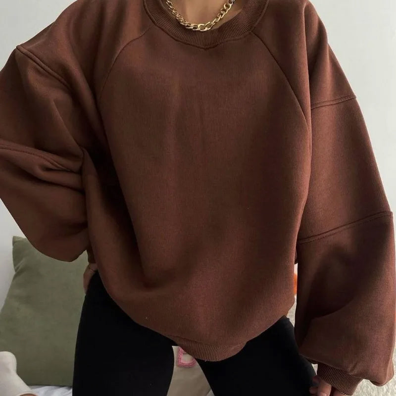 Women's Relaxed Fit Sweater with Round Neck and Long Balloon Sleeves