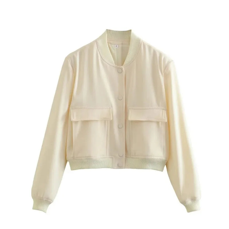 Casual Women's Bomber Jacket Featuring Front Buttons and Flap Pockets