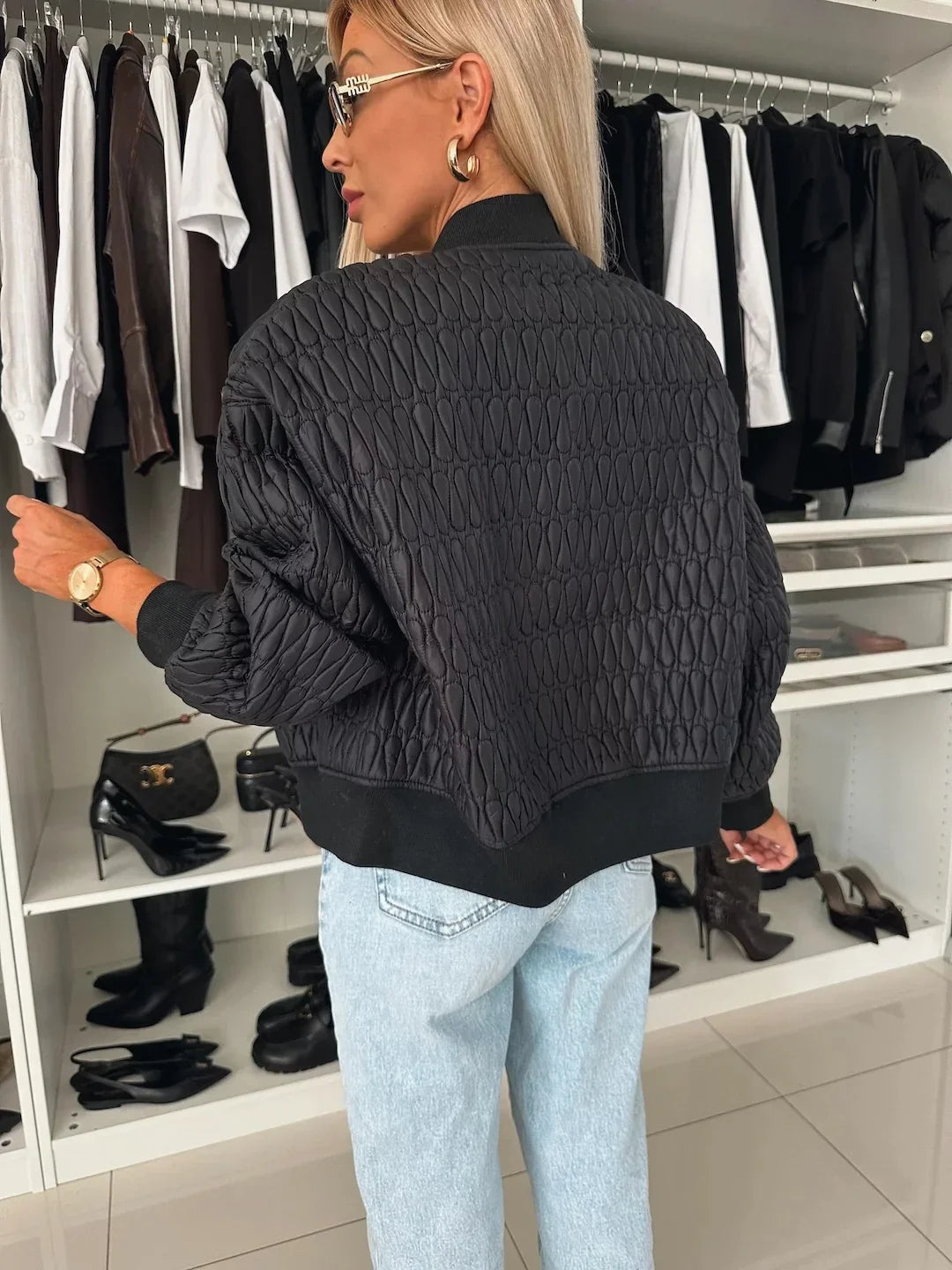 Women's Zip-Front Quilted Bomber Jacket with Ribbed Details