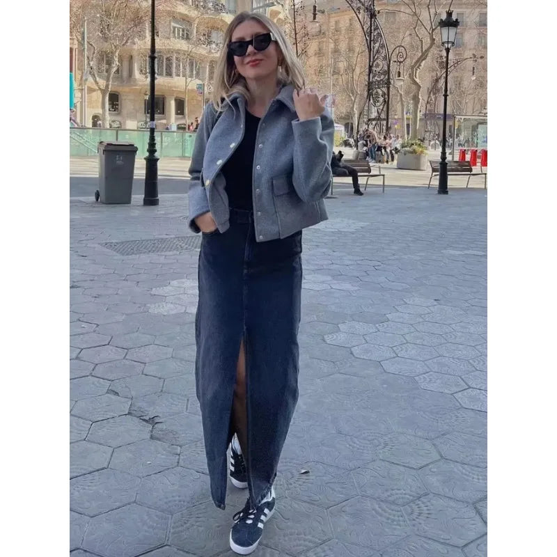 Women's Cropped Aviator Bomber Jacket Featuring Button Closure and Pockets