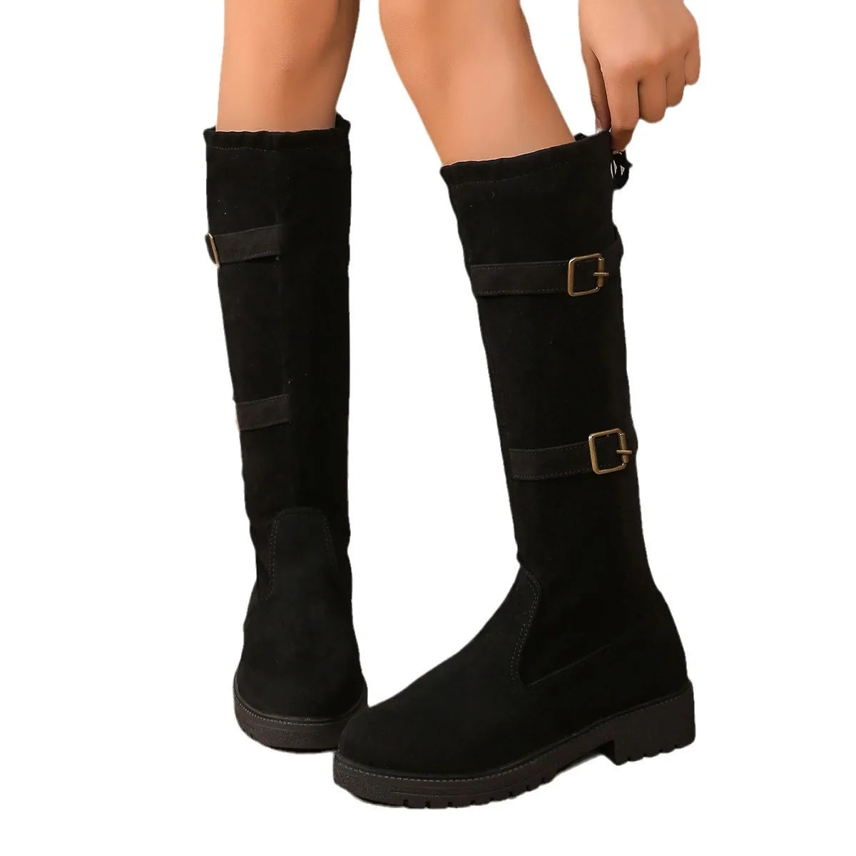 Classic Silhouette Women's Knee-High Boots in Black with Low Heels