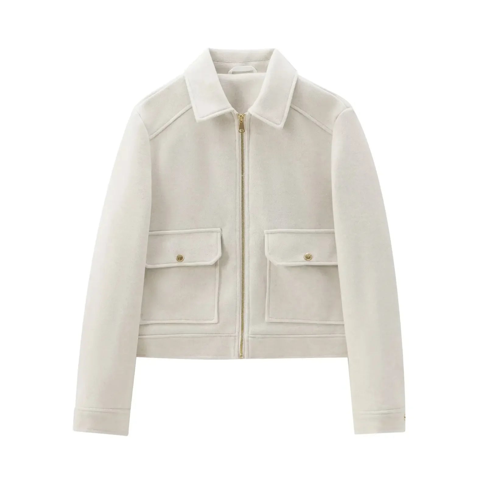Women's Zip-Front Bomber Jacket with Short Lapels and Flap Pockets