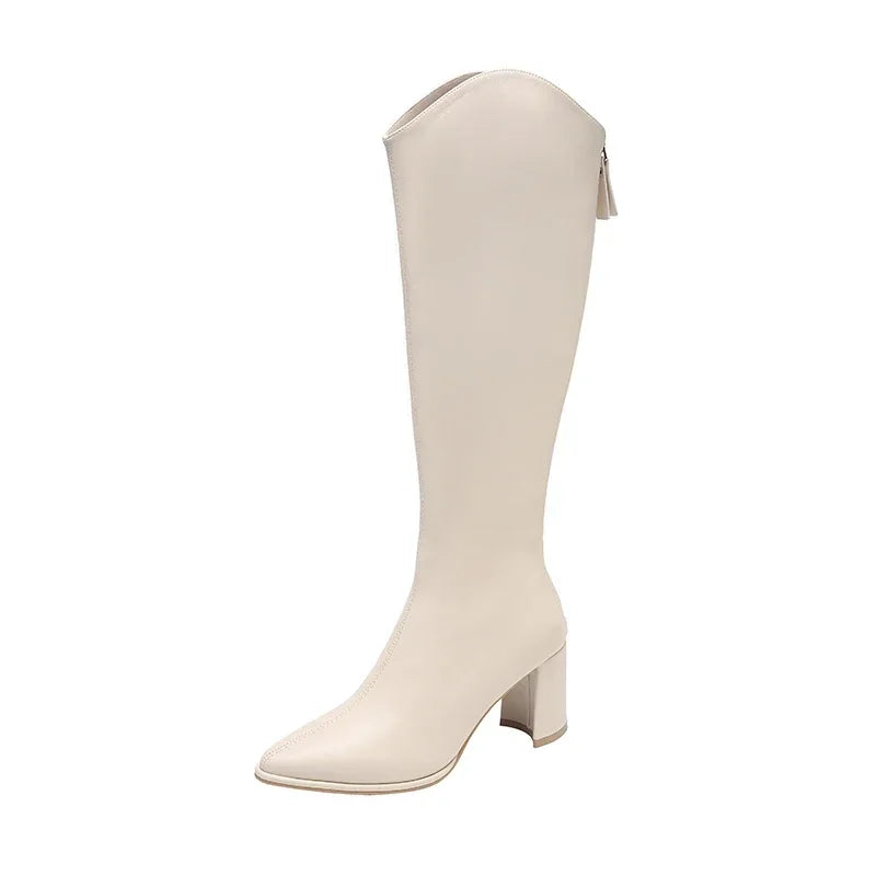 Women's Knee-High Boots featuring Side Zipper and Block Heel