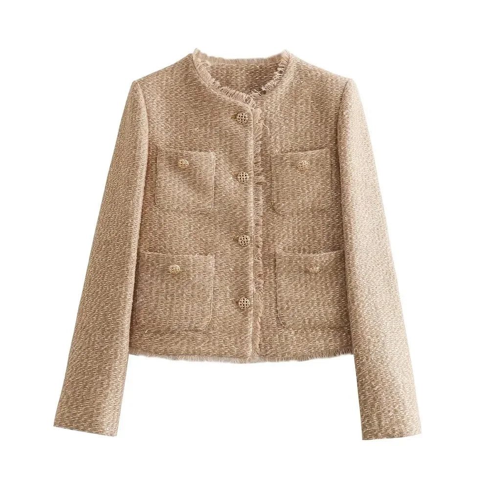 Elegant Short Coat Style Women's Long Sleeve Cropped Tweed Jacket