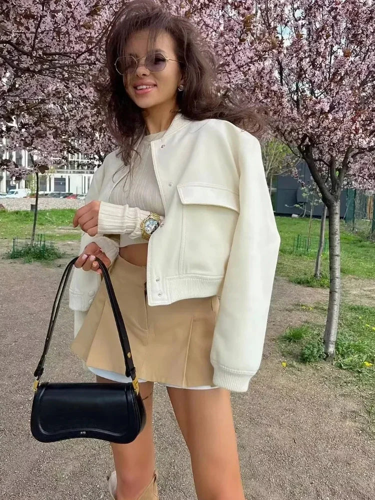 Women's Cropped Bomber Jacket with Baseball Collar and Snap Buttons