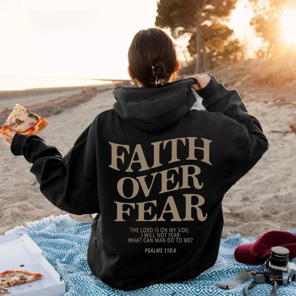 Faith Over Fear Bible Verse Printed Oversized Hoodie for Women