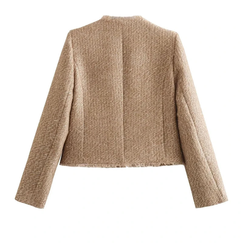Elegant Short Coat Style Women's Long Sleeve Cropped Tweed Jacket