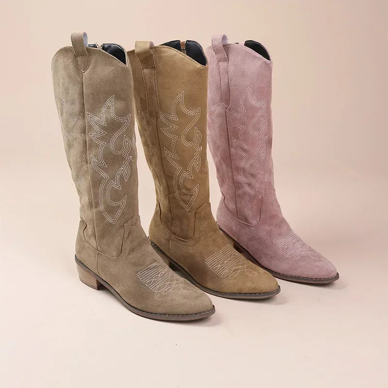 Embroidered Women's Knee-High Cowboy Boots with Chunky Heel