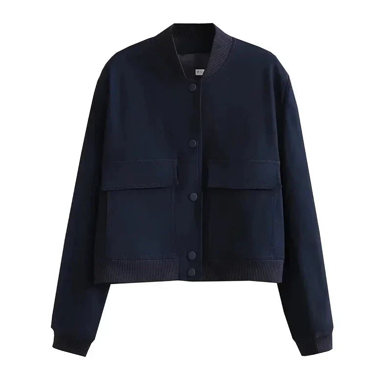 Women's Cropped Bomber Jacket with Baseball Collar and Snap Buttons