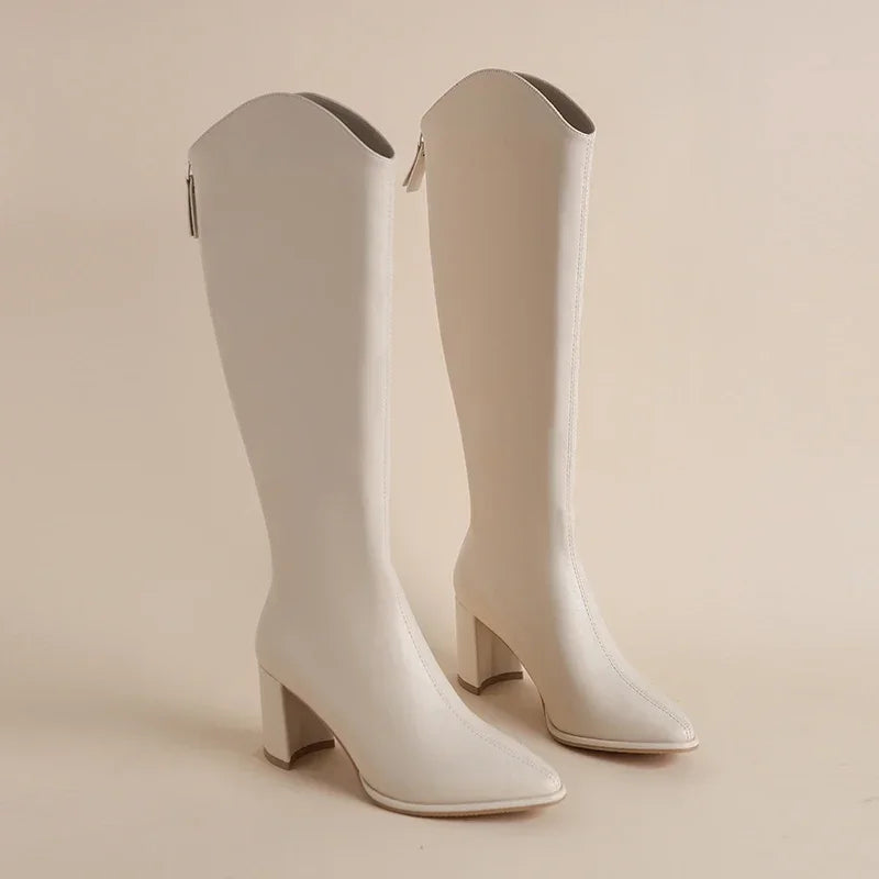 Women's Knee-High Boots featuring Side Zipper and Block Heel