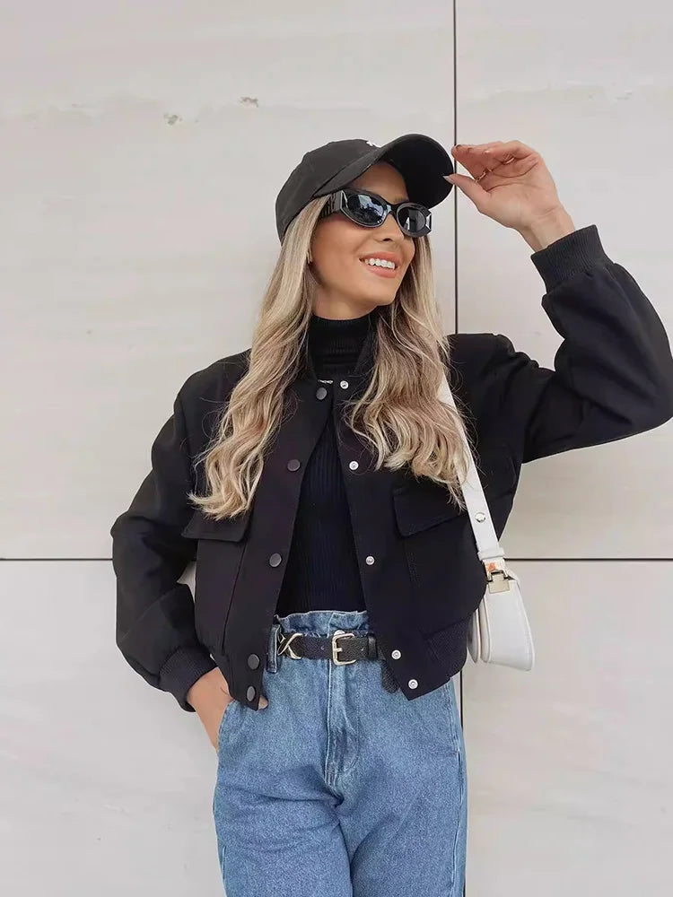 Casual Women's Bomber Jacket Featuring Front Buttons and Flap Pockets