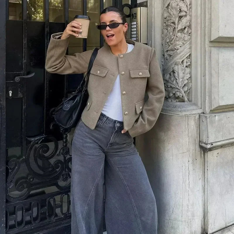 Women's Long Sleeve Round Neck Cropped Bomber Jacket