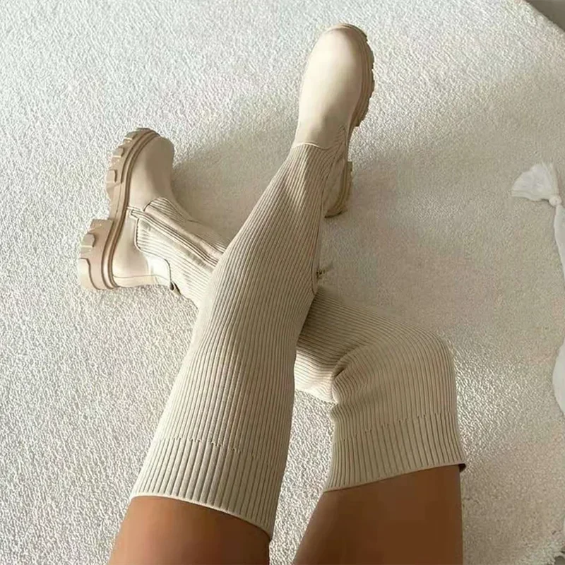Women's Stretch Fit Knee-High Boots with Chunky Lug Sole and Side Zipper